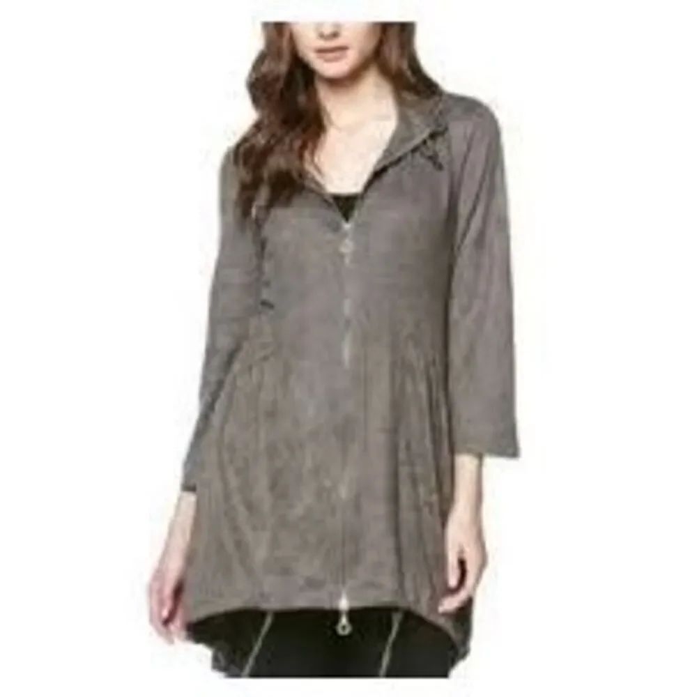 Miilla Womens Jacket Dress Taupe Faux Suede Anorak Drawstring Hoodie Large